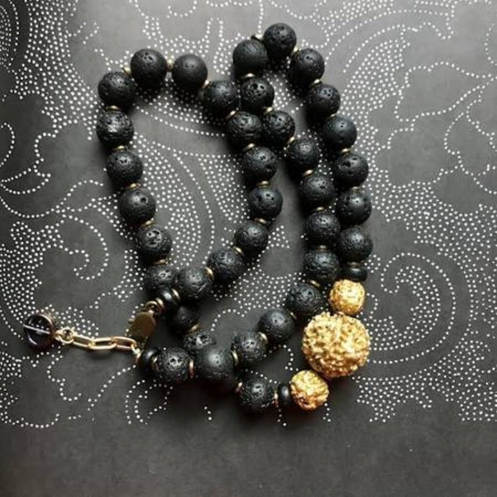 Lava Stone & Gold Leaf Rudraksha Necklace